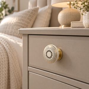 SHUBHAM Decorative <b>Ceramic</b> Cabinet <b>Knob</b> with Brass Base – Ivory Brown Gold Dotted Floral <b>Drawer</b> Pull Handle for Furniture - Product Image 3