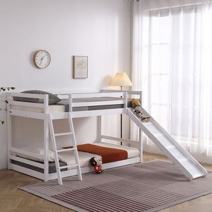 White Twin Pine Wooden Kids' Bed with Elevated Cross Guard Rail & <b>Slide</b> - Product Image 2