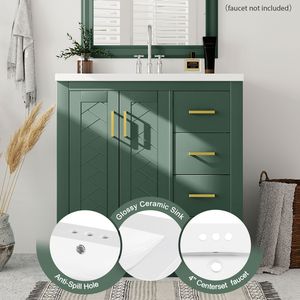 Mobile bagno autoportante da 30 pollici con struttura in legno massello, 3 cassetti e lavabo in ceramica integrato - Product Image 6