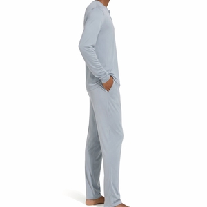 Conjunto de pijama de color liso para hombre, ropa de dormir cómoda de manga larga, traje de descanso, conjunto de dormir transpirable de ajuste cómodo - Product Image 4