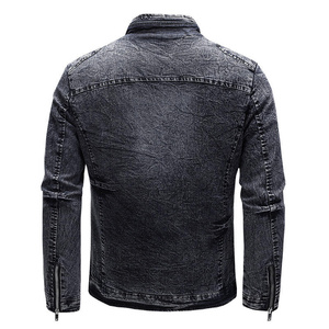 Men's Slim Fit Denim <b>Jacket</b> Stand Collar Zipper Closure <b>Fleece</b> <b>Lined</b> Casual Autumn Wear Regular Sleeve Washed Blue - Product Image 3