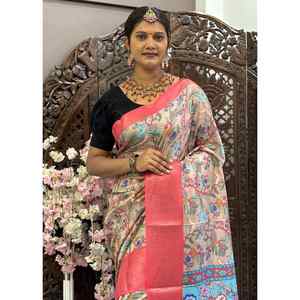 ATRACTIVA DOLA SEDA IMPRESIÓN DIGITAL TRABAJO SAREE CON BLUSA DESCOSADA RANI - Product Image 1