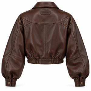 Blouson aviateur en cuir véritable marron avec col plié, manches ballon, ourlet élastiqué, coupe courte, fabrication sur mesure - Product Image 2