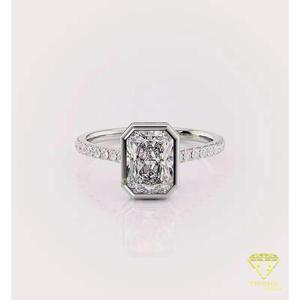 Radiant Cut Lab Grown Diamond Bezel Engagement Ring in Yellow Gold with Pave Diamond Band Minimalist Solitaire Bridal ring - Product Image 3