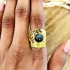 Latest Design Boho Gemstone <b>Ring</b> Vintage Brass <b>Rings</b> Women 18k Gold Plated Filigree Wide Band <b>Statement</b> for Wholesale/OEM/ODM - Product Image 3