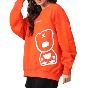Sweat-shirt surdimensionné à col rond pour femme, imprimé ours de dessin animé orange, épaules tombantes, manches longues, en coton tricoté, haut décontracté d'automne - Product Image 2