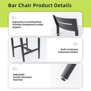 Modernos taburetes de bar de 2 piezas para patio exterior, de aluminio con respaldo ergonómico Sunbrella negro, patas cónicas y reposapiés - Product Image 6