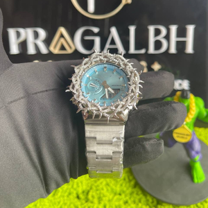 Montre à quartz de luxe pour homme, argentée, sertie de pierres, bracelet en acier inoxydable, cadran bleu, étanche, style hip-hop, montre-bracelet tendance - Product Image 3