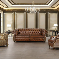 Canapé d'angle Chesterfield de style américain moderne en cuir véritable trois places, écologique, pour salon de villa