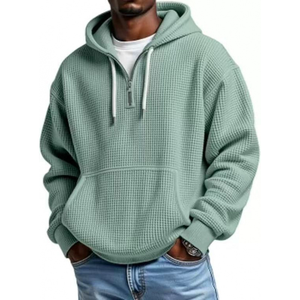 Sweat-shirt à capuche mi-zippé en tricot gaufré bleu marine pour homme, coupe oversize décontractée avec poche à cordon - Product Image 2
