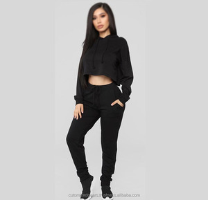 Femmes 100% coton tissu côtelé solide poignets survêtement ensemble haut court à capuche avec bouton décoration vêtements de sport survêtements - Product Image 6