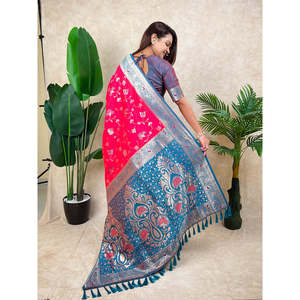 ผ้าไหมทอสีชมพูแบบ Banarasi Jaal Zari สำหรับทำชุดส่าหรี  เสื้อผ้าอินเดียและปากีสถาน  งานทอระดับพรีเมียม  650 กรัม - Product Image 5