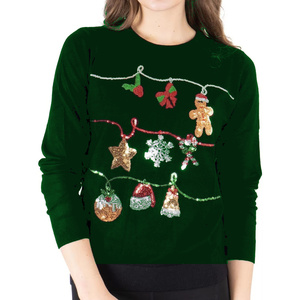 Suéter de Navidad con Lentejuelas Verdes, Jersey Festivo de Invierno, Suéter de Fiesta Feo con Adornos de Árbol de Navidad y Estrellas - Product Image 1