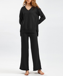 Women's Knitted V-Neck <b>Sweater</b> <b>Set</b> Full Length Loose Fit 2 Piece Solid Color Winter Casual Wear Anti-Pilling Acrylic Material - Product Image 3