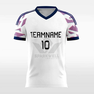 เสื้อฟุตบอลชายแบบกำหนดเอง คอวี แขนสั้น สีขาวม่วง พิมพ์ลายแบบซับลิเมชั่น ระบายเหงื่อได้ดี ผลิตจากโพลีเอสเตอร์ 100% ระบายอากาศได้ดี ชุดทีม - Product Image 1