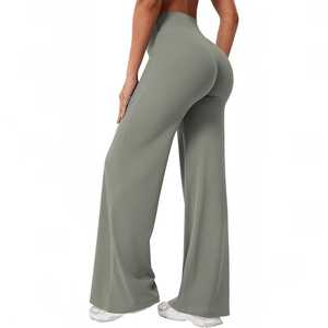 Custom/OEM Women's High Waisted Flare Yoga Pants Buttery Soft <b>Tummy</b> <b>Control</b> Wide Leg Leggings Sage Green Pilates Workout Pants - Product Image 2