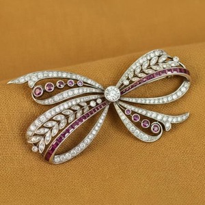 Broche de Lazo Vintage con Diamantes y Rubíes, Chapado en Oro Blanco de 14K, Certificado, Joyería de Regalo para Novia, Boda, Diseño Único para Mujer, Plata 925 - Product Image 4