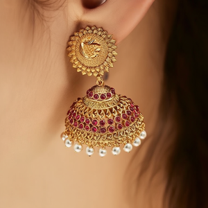 Ruby Embellished Peacock Jhumki Drop Earrings for Party - Product Image 2