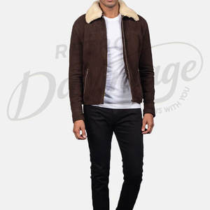 Veste en cuir suédé marron pour homme de qualité supérieure, col en fausse fourrure, coupe ajustée, veste bomber d'hiver, veste décontractée pour homme - Product Image 4