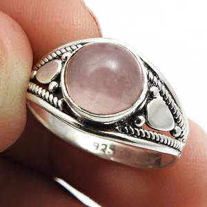 Anillos de compromiso clásicos de plata de ley 925 maciza con piedra preciosa de cuarzo rosa de corte redondo brillante, hermosa joyería bohemia - Product Image 4