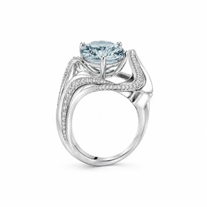 Bague de fiançailles ovale en aigue-marine, monture pavée en or blanc, sertie de griffes, bijoux fins romantiques pour femme - Product Image 6