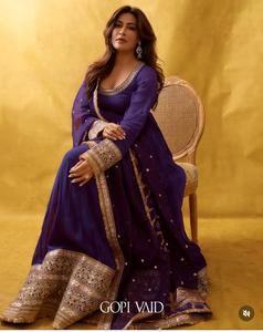 Ensemble prêt à expédier de vêtements ethniques en soie chinon avec dupatta à bordure en dentelle à volants et pantalon à taille élastique, vente en gros de vêtements de boutique - Product Image 2