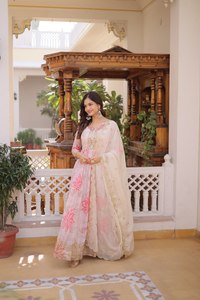 TENNECY Digital Printed Russian Silk Embroidery Zari Sequins-work Premium Readymade Wrinkle-Free Reversible <b>Ankle</b>-Length Party - Product Image 2