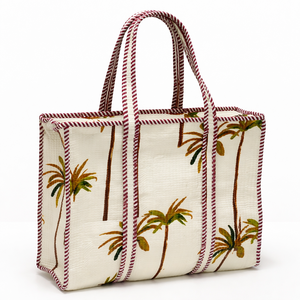 Sac fourre-tout matelassé en coton imprimé palmiers fait main, motif tropical haut de gamme, sac à bandoulière ethnique grande capacité pour femme - Product Image 1