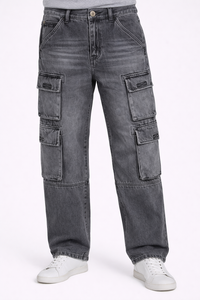 Jeans Cargo de Mezclilla Gris Lavada para Hombre – Pantalones Utilitarios de Corte Relajado con Múltiples Bolsillos con Solapa, Estilo Urbano Casual de Algodón Resistente - Product Image 4