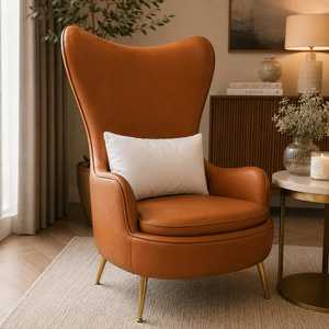 Fauteuil d'appoint à dossier haut pour salon |   Fauteuil à dossier haut en cuir PU et velours |   Fauteuil lounge moderne capitonné et rembourré - Product Image 4