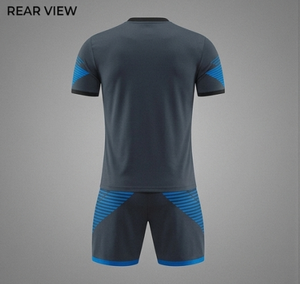 Ensemble de maillot de football pour homme à col en V, manches courtes, imprimé par sublimation, respirant, coupe ajustée, vêtements de sport, design rayé bleu-gris - Product Image 2