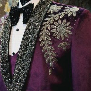 Men’s Purple Velvet Embroidered Tuxedo Blazer with <b>Black</b> Beaded <b>Shawl</b> Lapel Designer Wedding Party Jacket - Product Image 1