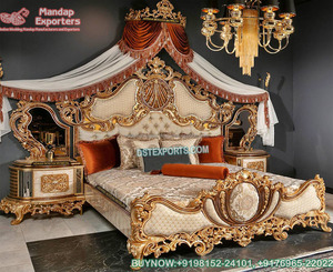 Ensemble de lit et de chambre à coucher moderne en bois de teck avec un design de bateau sculpté royal et une finition en feuille d'or - Product Image 5