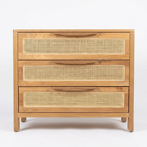 Teak Wood Sideboard Rattan Webbing 3 Drawer Accent Cabinet Low Dresser <b>Storage</b> <b>Chest</b> for Modern Living Room Furniture Wholesale - Product Image 3