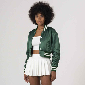 Veste universitaire en satin vert avec bordure blanche, col rabattu, manches classiques, style preppy, longueur courte, vêtement d'automne - Product Image 3