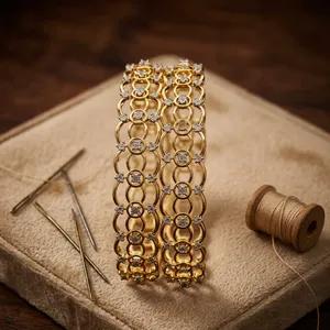Trendy Designer Premium Quality <b>Gold</b> Plated Brass CZ Stones Two <b>Set</b> <b>Bangles</b> Wedding Party Wear Women - Product Image 1