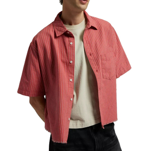Chemise en flanelle déchirée à rayures rouges pour homme, manches courtes, col rabattu, tissu popeline, style décontracté, été - Product Image 2