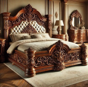 Lit de style victorien grandiose avec panneaux en cuir capitonnés foncés et sculptures en bois ornées. Disponible aux prix de gros. - Product Image 4