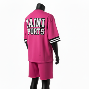 ชุดเสื้อยืดและกางเกงขาสั้นผู้ชาย ผ้าคอตตอนเจอร์ซีย์คุณภาพสูง 240 GSM สีชมพู ปักโลโก้ตามสั่ง สวมใส่สบายๆ - Product Image 5