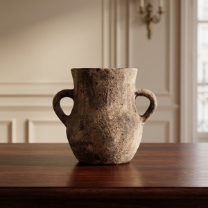 Vase en céramique texturé Wabi Sabi à deux poignées, pot en argile antique vieilli pour décoration de table vintage à la maison - Product Image 3