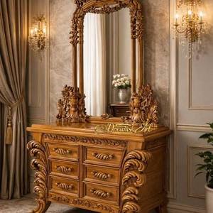 Indian Carved Italian European Style Makeup Vanity Carved Wooden Dressing <b>Table</b> Gold <b>Mirror</b> Dresser for Bedroom Hotel Villa - Product Image 2