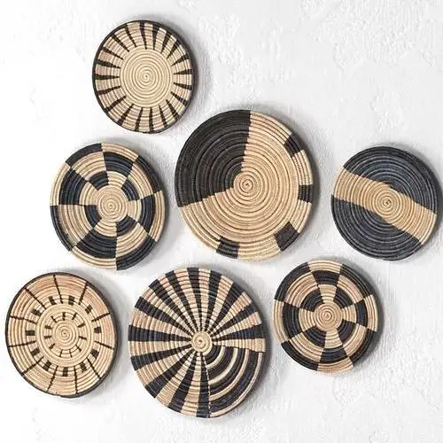 Boho Decor Natural And Black Seagrass Woven Basket Disc Wall Decor African Wall Basket Set Vietnam Handicrafts Cheap Price