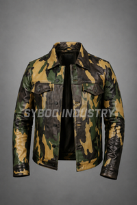 Veste en cuir camouflage pour homme, imprimé camouflage, en peau d'agneau, style trucker, poches à rabat sur la poitrine, fermeture boutonnée - Product Image 2