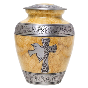 Urna Funeraria de Aluminio Metálico con Acabado en Mármol Amarillo, con Cruz Plateada y Diseño Grabado de Pájaro, para Cenizas Humanas - Product Image 1