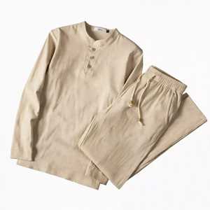 <b>Men's</b> Beige <b>Henley</b> Stand Collar Long Sleeve <b>Shirt</b> And Drawstring Pants Casual Tracksuit Set - Product Image 1