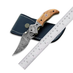 Couteau de poche artisanal Burraq en acier Damas, personnalisable OEM, avec manche en bois et étui en cuir – Cadeau d'anniversaire, cadeau pour témoin de mariage - Product Image 1