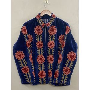 Hand Embroidered Velvet Cotton <b>Jacket</b> Women Mandarin Collar Full Sleeve Winter Bohemian Eye Pattern Open Front Coat - Product Image 6