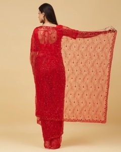 KV Embroidered Bollywood Net <b>Saree</b> (<b>Red</b>) - Product Image 3