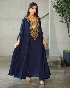 Kaftan long Awais House pour femme, bleu marine, brodé, en polyester, coupe ample, col cœur, manches longues, style Moyen-Orient - Product Image 1