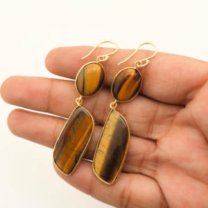 Pendientes de gota de ojo de tigre natural – Chapados en oro de 18 quilates – Joyería elegante de piedras preciosas de estilo bohemio - Product Image 3